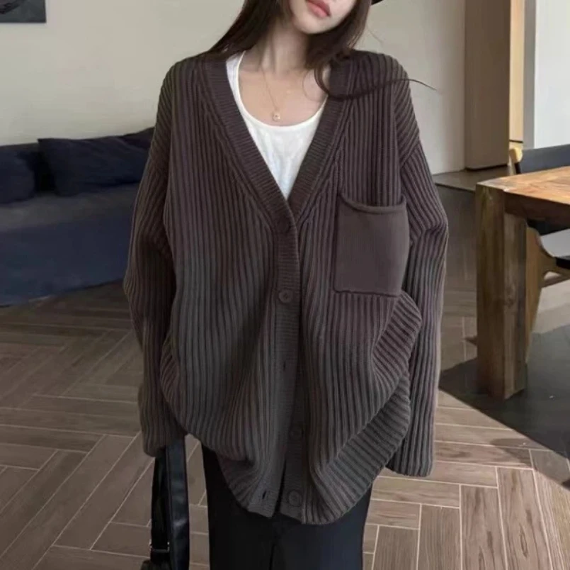 

Autumn and Winter New Loose Chocolate Knitted Cardigan Solid Color Women's Sweater Coat Women