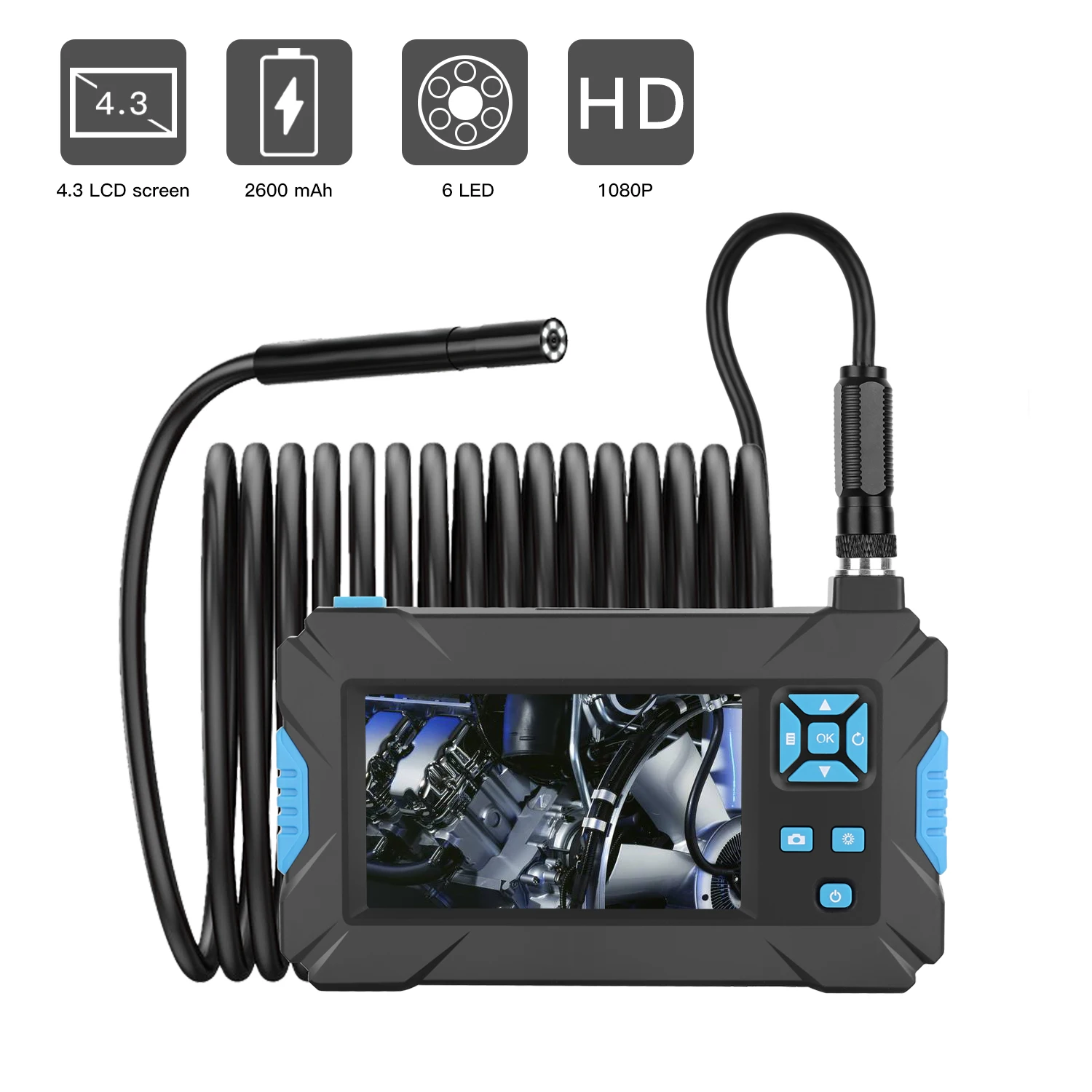 1080P color LCD endoscope with light, 5.5mm endoscope camera, suitable for car,house pipeline inspection, electronic maintenance