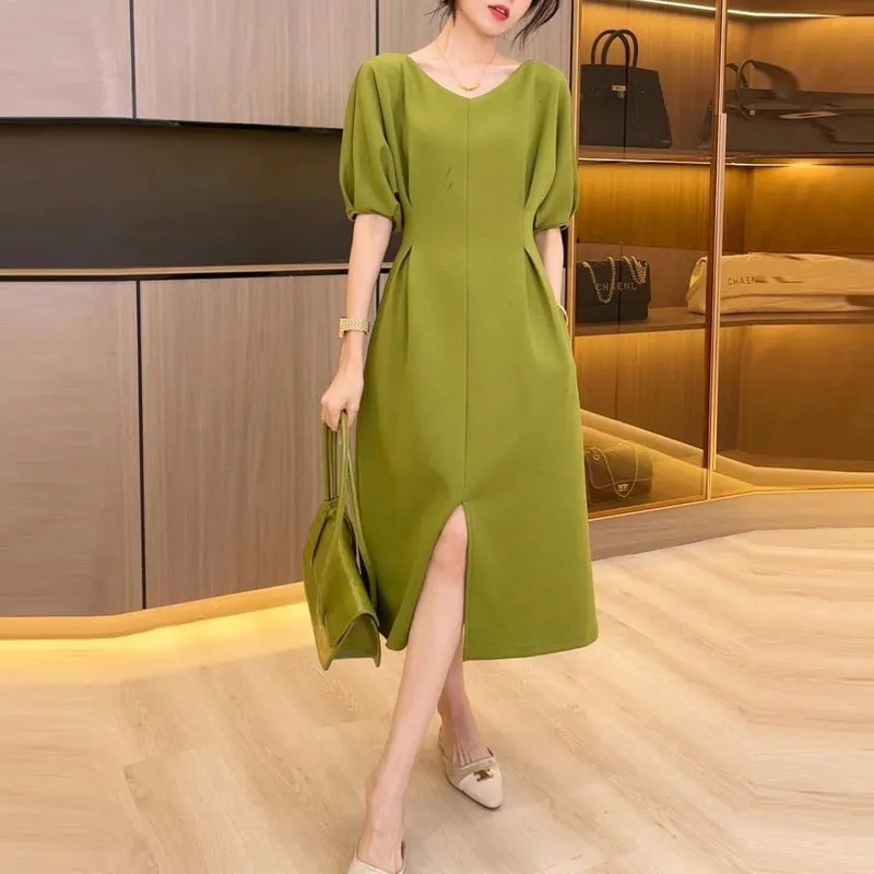 

Elegant V-Neck Midi Dress Female Clothing Split Commute A-Line Folds Waist Monochromatic Luxury Dresses Summer Fashion 2024 New