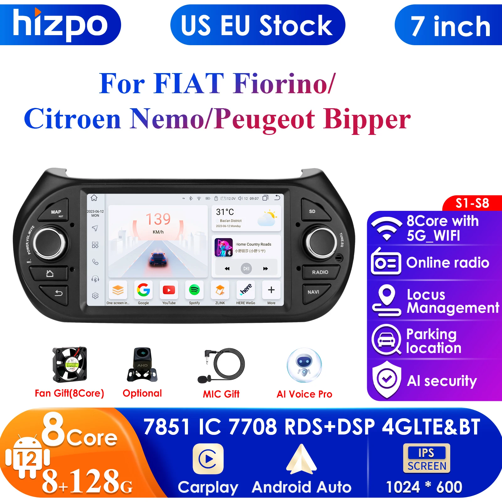 

7inch 7862 AI 2din Android Car Radio Multimedia Video Player for Fiat Fiorino / Citroen Nemo / Peugeot Bipper GPS Carplay 4G RDS