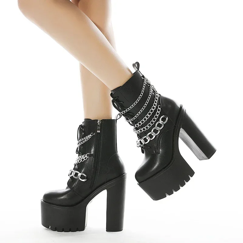 

Women Shoes Boots Black Dark Cool Thick Bottom Platform Harajuku Shoes With Metal Chain Gothic Punk Girls Shoes Footwear