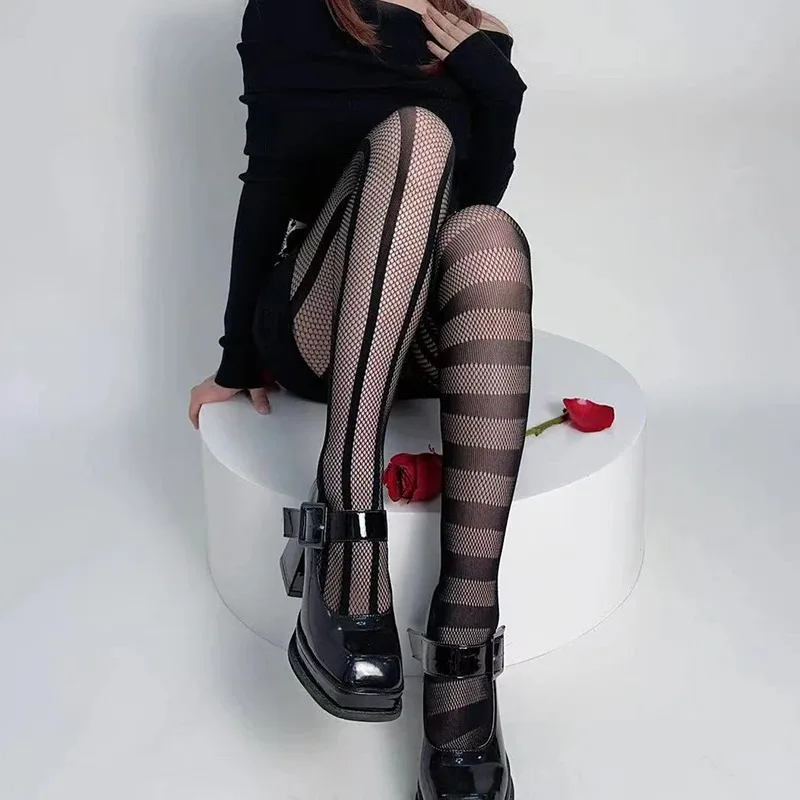 Stripe Asymmetric Tights Women's Pantyhose High Elasticity Lace Hollow Fishnet Sexy Stockings Classic Ladies Gothic Pantyhose