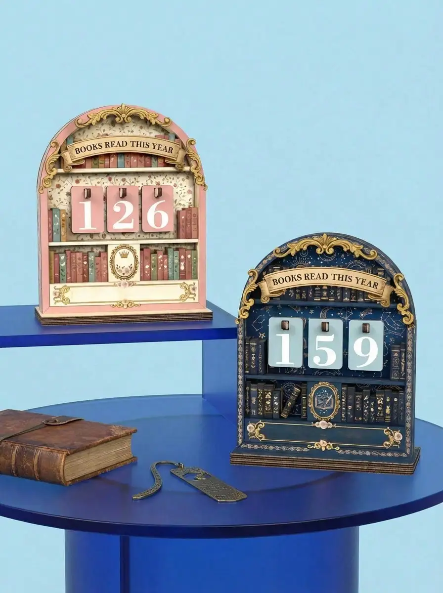 

2D Retro Reading Tracker, Annual Book Counter Decor - Can Track Up To 999 Books Per Year. Comes With A Base, Self-Assemb