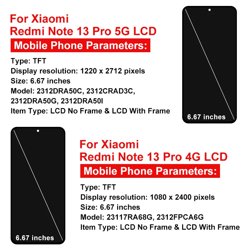 New TFT Display For Xiaomi Redmi Note 13 Pro 4G LCD Touch Screen Digitizer Assembly For Redmi Note 13 Pro 5G Display Replacement