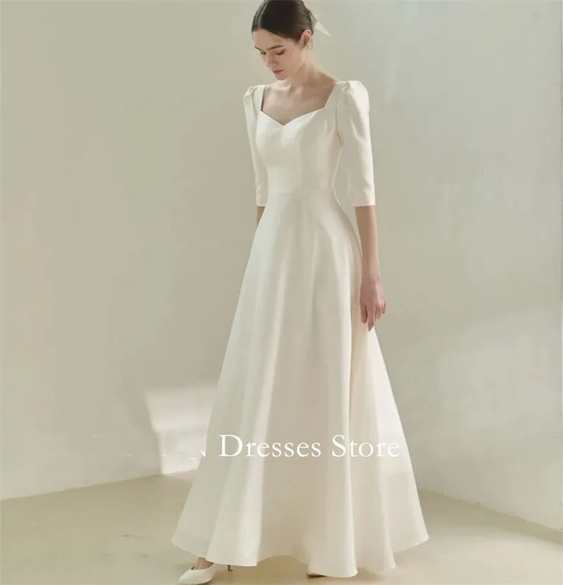 

MODX Korea Ivory V-Neck Simple Satin White Wedding Dresses 웨딩드레스 A-Line Half Sleeves Custom Made Bride Gowns Plus Size