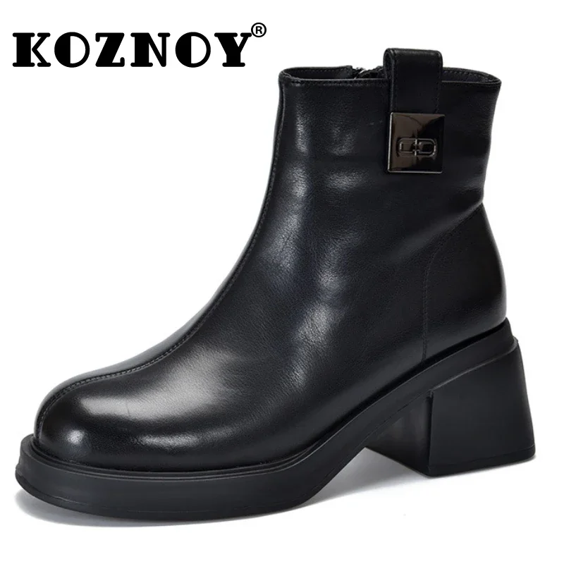 Koznoy 6.5cm Genuine Leather Spring Women Ankle Booties Winter Warm Fashion Plush Boots Moccasins Pump  ZIP Platform Wedge Shoes