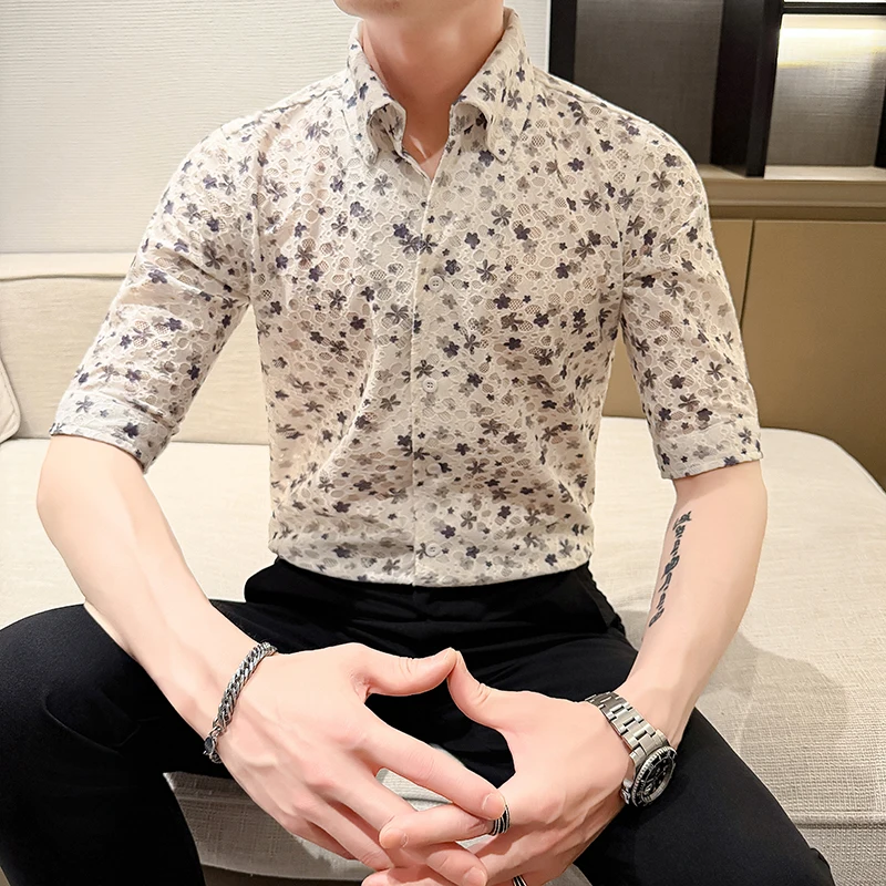 Trendy Half Sleeved Men's Shirts Summer Spring Flower Jacquard Elegant Man Shirt Fashion Party Social Camisas Masculina