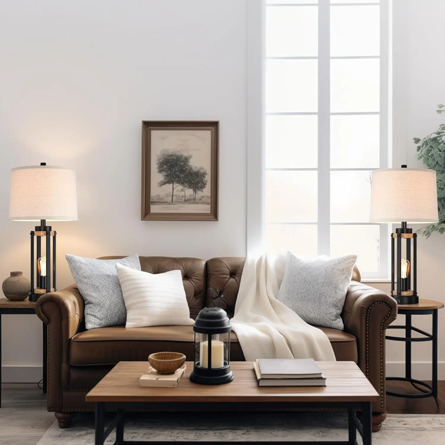 Set of 2 Farmhouse Table Lamps, 26' Rustic Vintage Bedside Lamps with USB Charging & Night Light, Bulbs Included