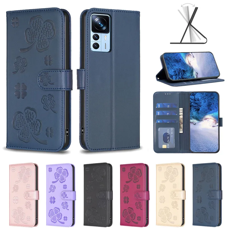 Luxury 3D Emboss Clover Flip Wallet Case Cover for Xiaomi 12T 11T 10T Pro 13 12 11 Lite Poco F3 M3 X3 X5 Pro C55 F5 Civi 3 2