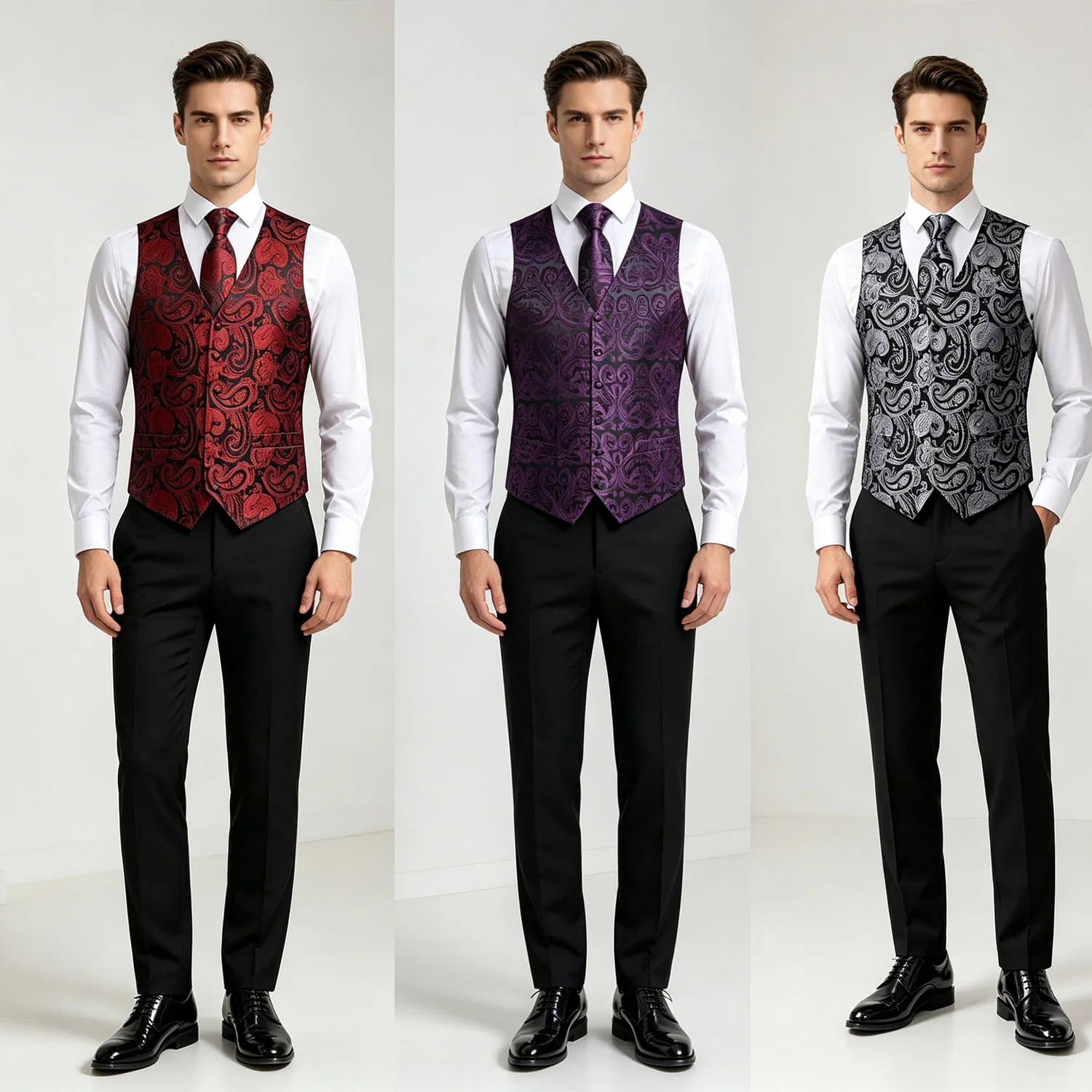 

Men's Jacqaurd Paisley Waistcoat with Tie Cufflinks Pocket Square, Fit Formal Dress Vest for Party Banquet