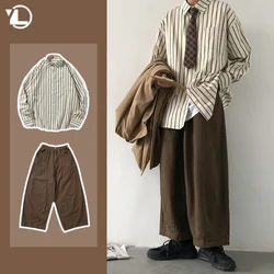 Men Vintage Set Spring Autumn Couple Casual Suits New Stripe Loose Long Sleeve Shirt+High Street Wide Leg Pants Two Piece Set