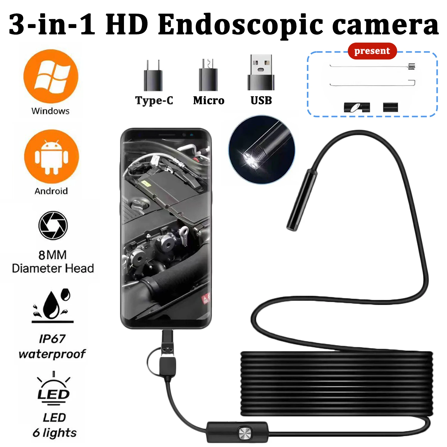 

Practical 8MM Android Endoscope 3 in 1 USB/Micro USB/Type-C Borescope Inspection Camera IP67 Waterproof for Smartphone Computers