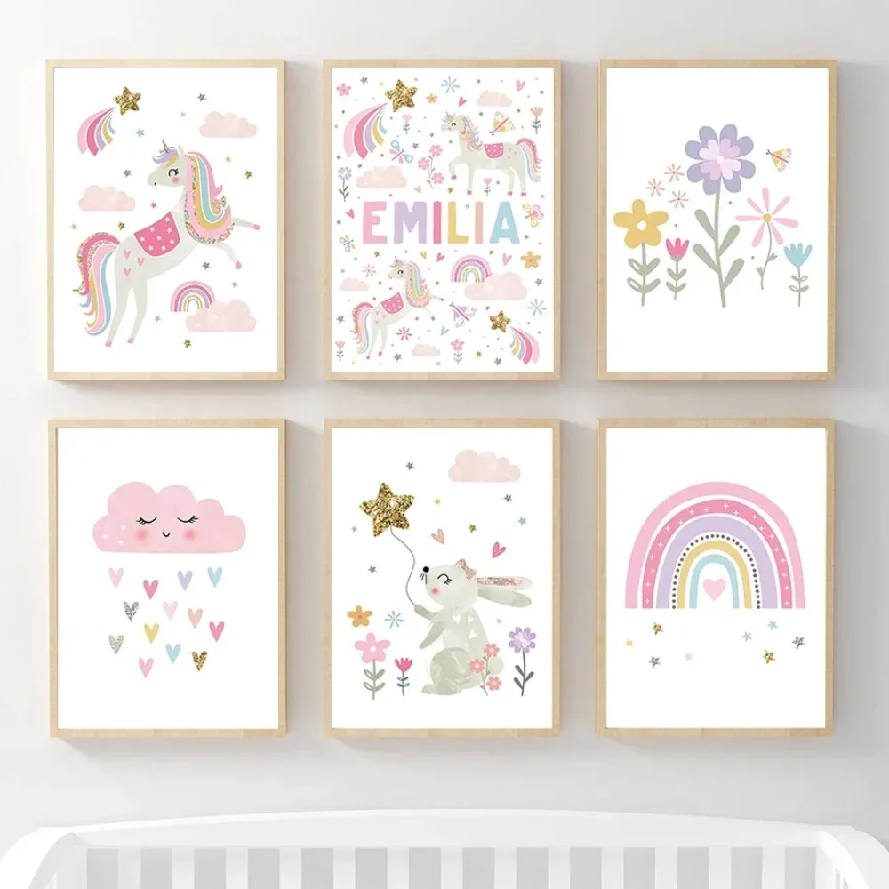 Pósteres e impresiones de arte de pared para guardería con diseño de unicornio rosa, conejo, arcoíris, nube y flores, cuadros de pared para decoración de habitación de bebés y niños