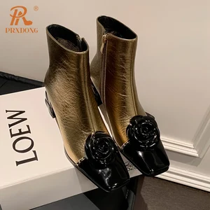 Prxdong Botas Leder für Frauen, hochhackige Schuhe, quadratische Zeh, Schwarz, Gold, Party, Dame, Mode, neu, 39, 2024 8 Hauptverkäufe goldene Lederschuhe - №5