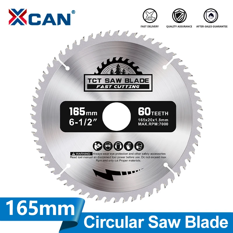 Xcan 165mm lâmina de serra circular tct carboneto lâmina de serra para ferramentas de corte de madeira disco de corte de madeira 24/40/48/60t