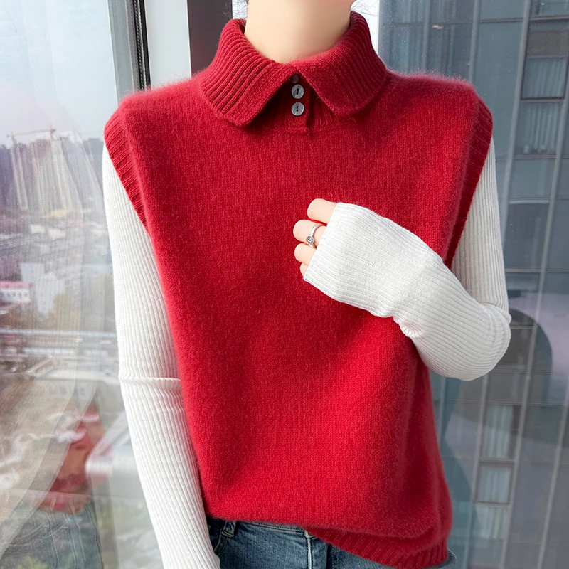 2025 Vest Women's 100% Merino Wool Pullover Indoor Cashmere Sleeveless Sweater turtleneck Office Tops Thickening Waistcoat