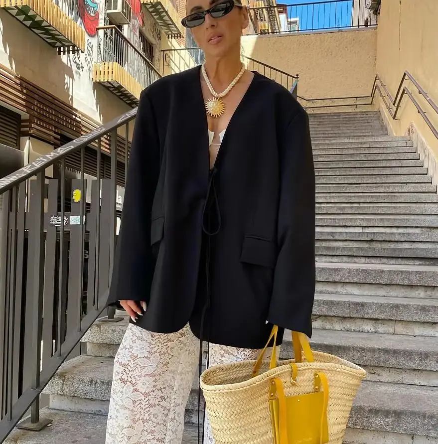 KONDALA Wiosna Jesień Damska Elegancka Marynarka Biurowa Streetwear Seksowna Marynarka z Kieszeniami Luźna Marynarka z Kokardą Dekolt w Serek Modna Marynarka 2025 Stylowe Bluzki