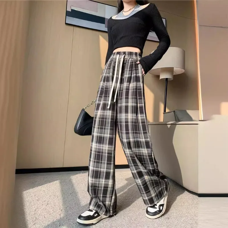 

Женские летние брюки в клетку с высокой талией, широкие, свободного кроя, винтажные, в стиле палаццо