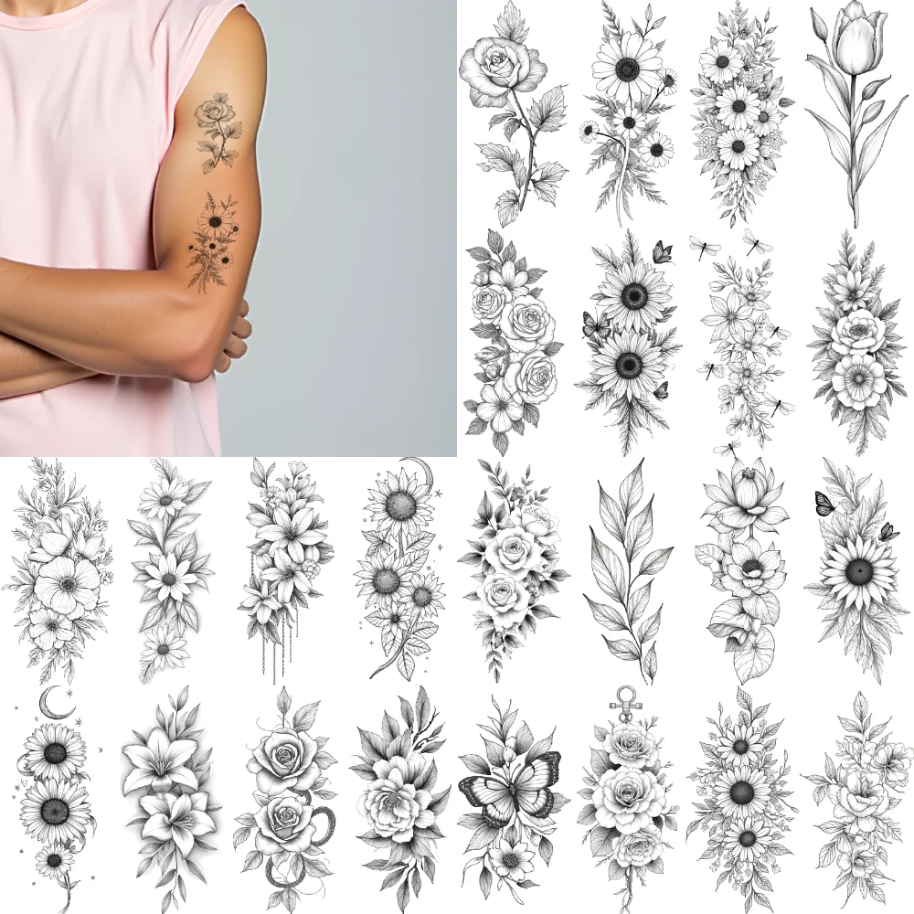 Ankh – tatouage temporaire avec Roses, autocollants imperméables et durables pour le corps, Rose et serpent, Lotus et feuilles, Art au trait pour bras, 9 pièces