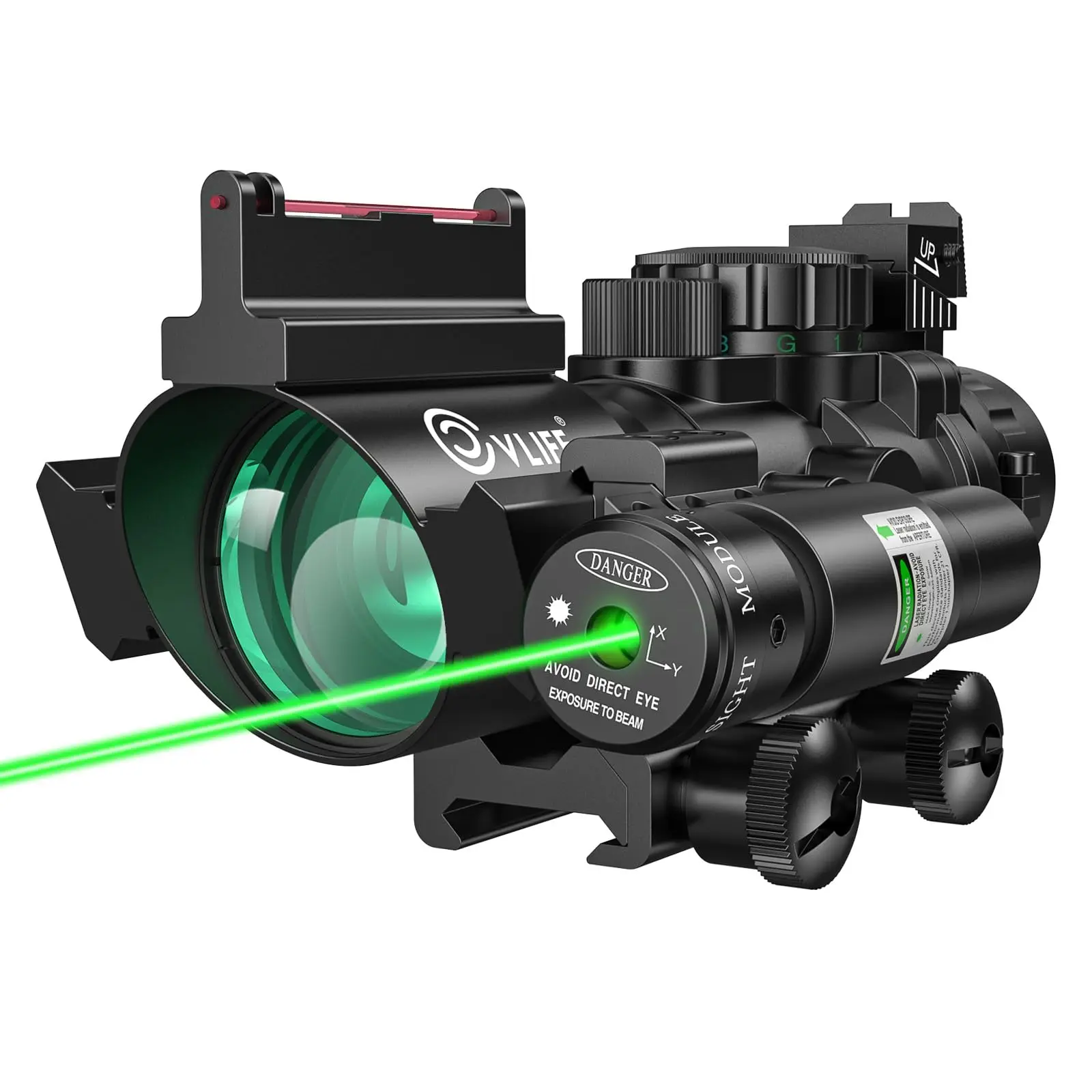 

4x32 Prism Rifle Scope Red Green Blue Illuminated Reticle Scope with Fiber Optic Sight IIIA 2MW Laser Sight