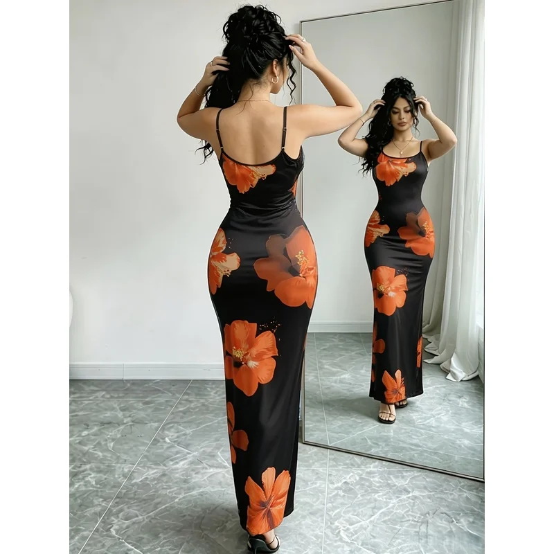 Women'S Adjustable Strap Printed Cami Dress, High-Waist Cinched -Lifting Long Skirt, Stretchy And, Suitable Beach Vacation/