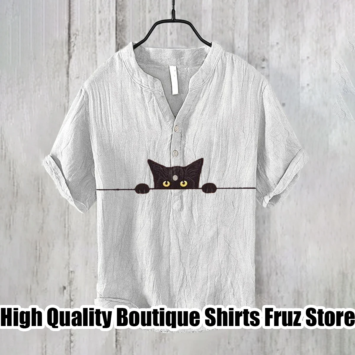 Men\'s V-neck short-sleeved shirt solid color cat series printed shirt casual comfortable loose large size shirt XS-6XL fast deli