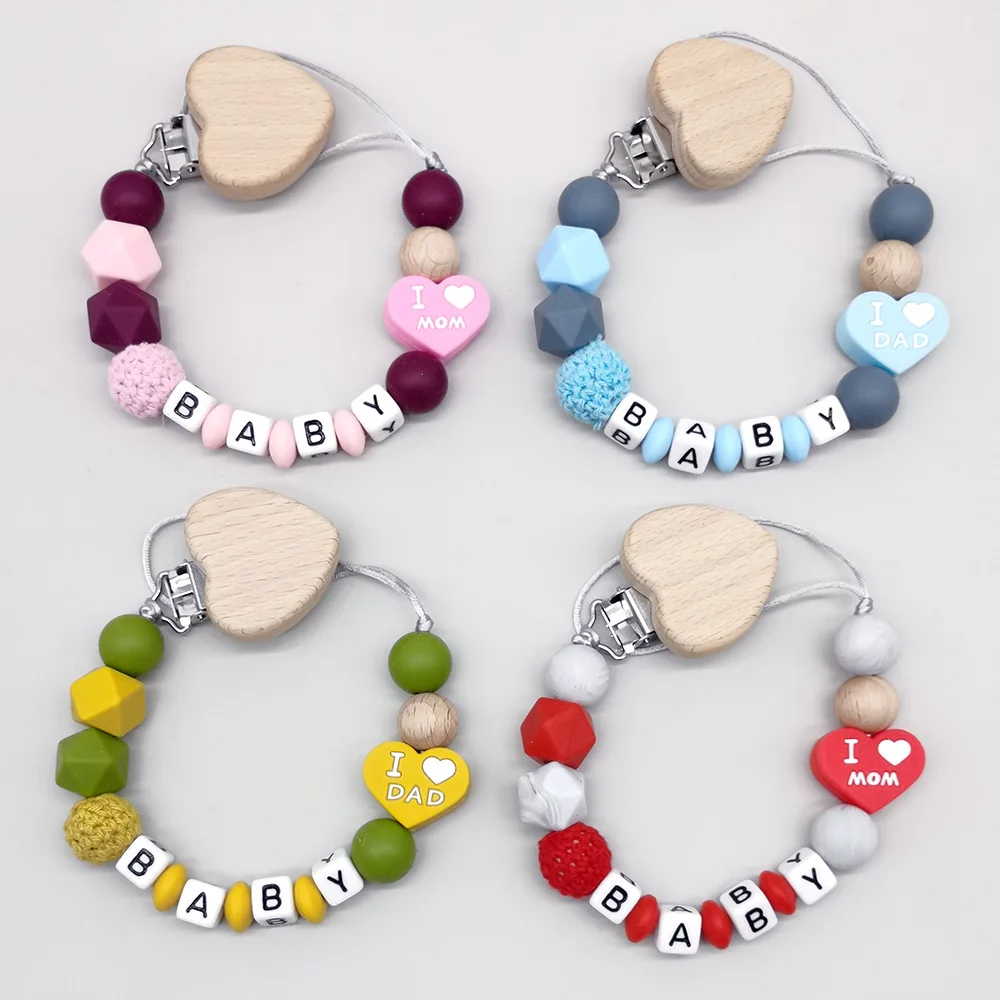 Customizable Personalized Name baby teether Pacifier Clips Silicone Heart Beads Dummy Nipple Holder Chain Infant Feeding Gift