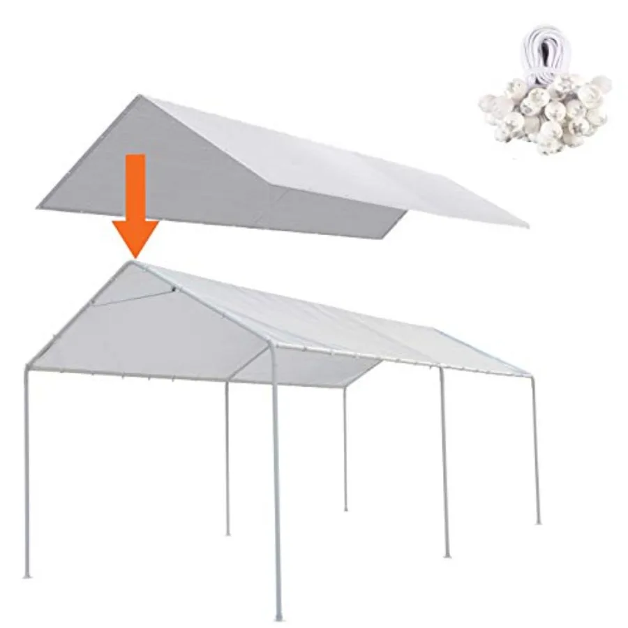 

Carport replacement canopy cover for outdoor shelter use, white polyethylene tarp, waterproof and UV-resistant, includes 44 bun