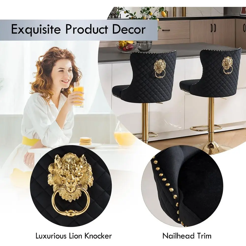 Zestaw 4 złotych, aksamitnych krzeseł barowych obrotowych z pierścieniem w kształcie lwa i wysokim, pikowanym oparciem, do wyspy kuchennej i kawiarni, czarne.
