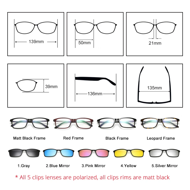 TWO Oclock Ultra-light Polarized Magnet Sunglasses Men Women Clip On Glasses TR90 Optical Frame 5 In 1 Myopia Glasses Lens 8803