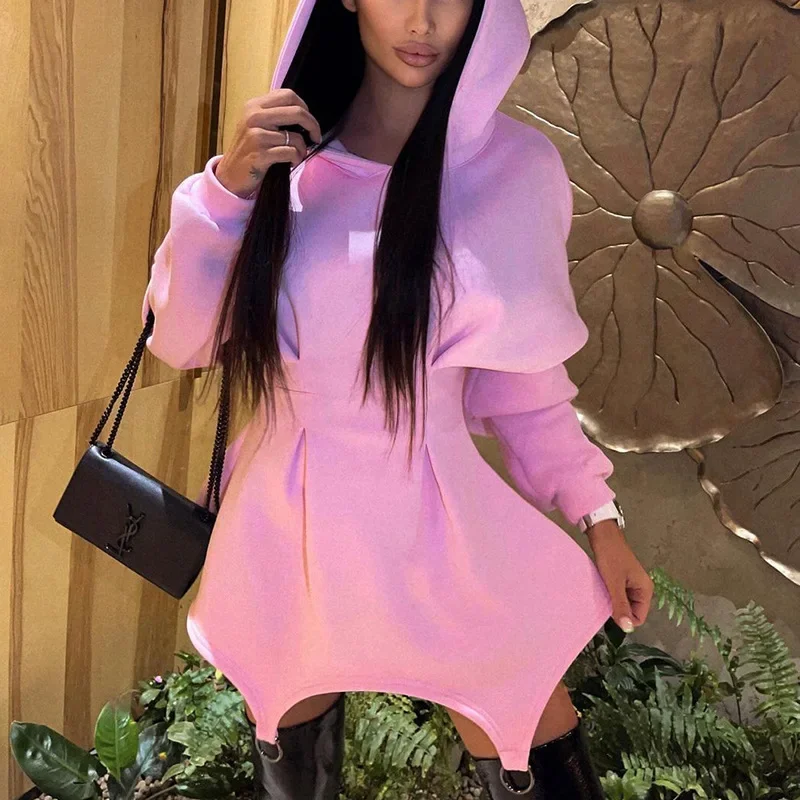 

Women Hoodies Dresses Hooded Lantern Sleeve Solid Pullover Sweatshirts Dress Slim Vestidos Tight Waist High Street Patchwork