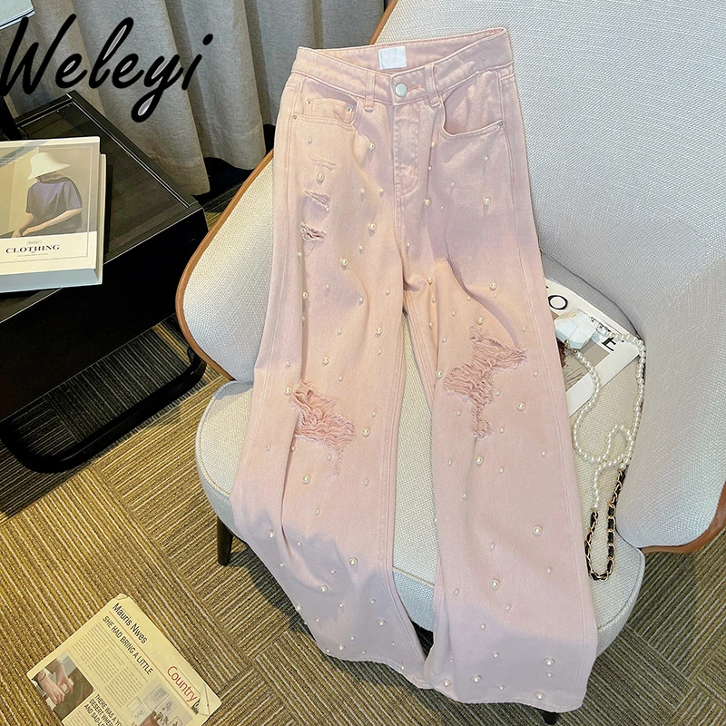 

Pink Sparkle Hot Diamonds Wide Leg Denim Pants Female 2024 Autumn New Sweet Baggy Rhinestone High Waist Pearl Jeans for Women