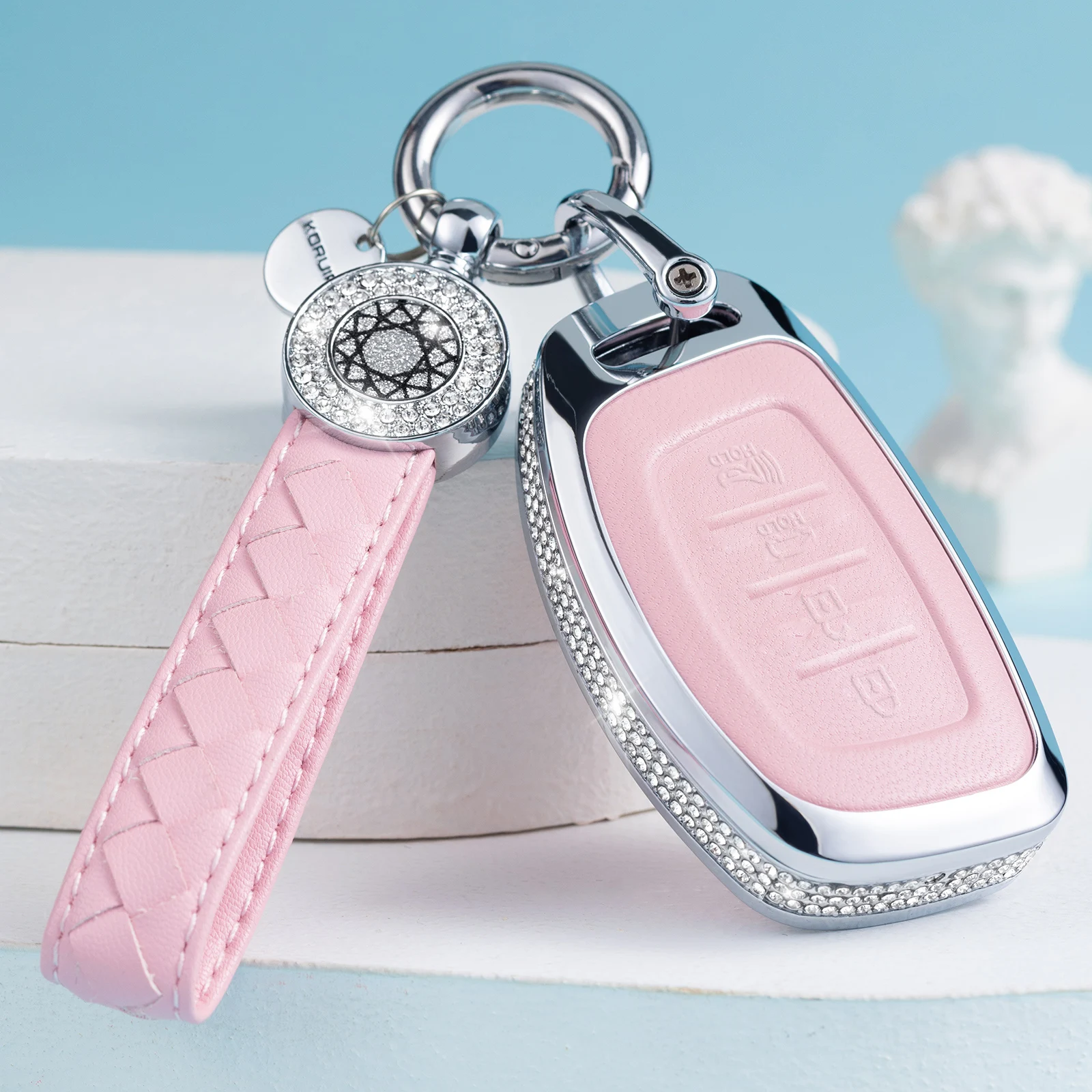 for Hyundai Key Fob Cover with Keychain, Pink Leather Key Case Protection Shell Fit for Hyundai Elantra Ioniq Sonata Tucson Elan