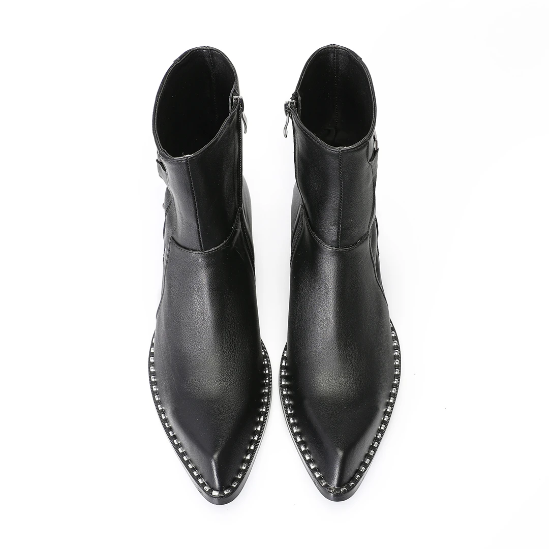 fashion black pointed toe men genuine leather ankle boots man zipper motorcycle short boots male formal business dress shoes view 6
