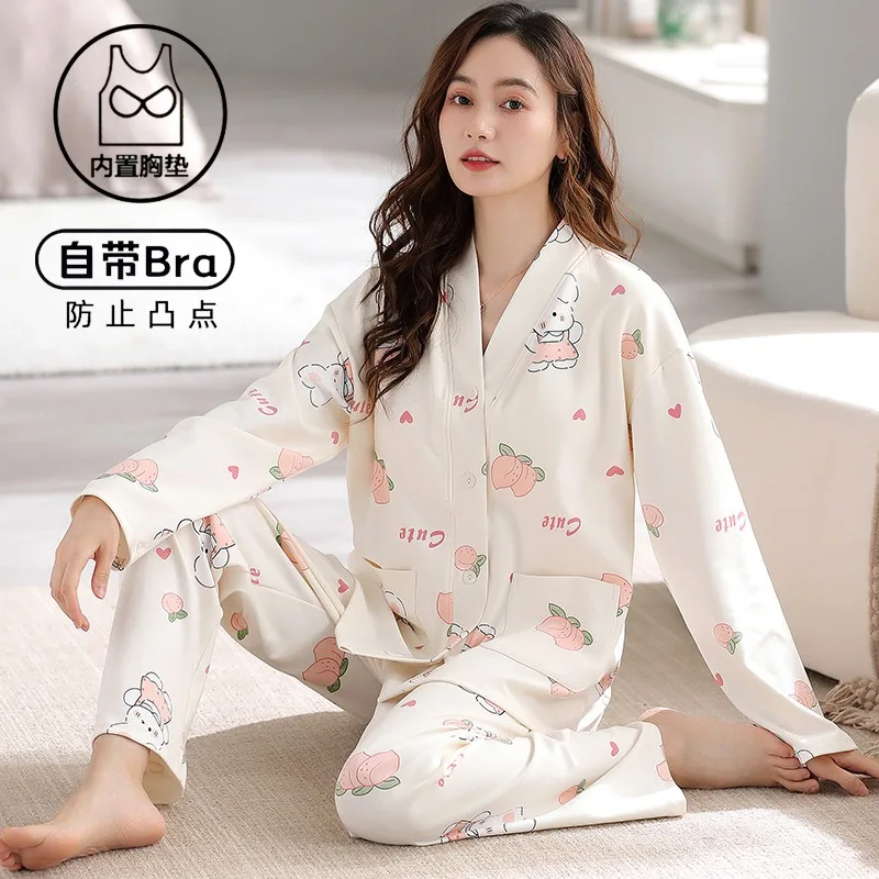 Cotton Sleepwear Autumn Cotton Women Pajama with Bra Pad Button Cardigan Pjs for Women 2 Piece Fashion Printing Clothes Mujer