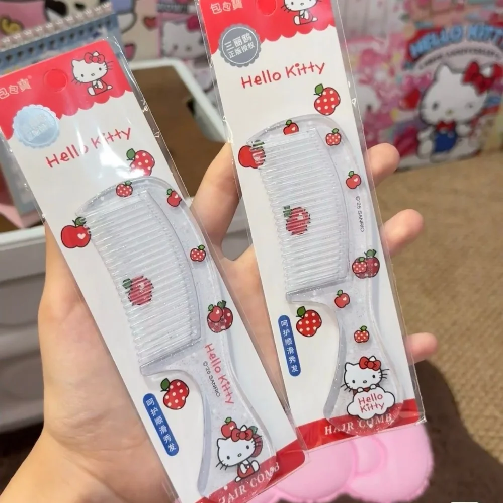 Hello Kitty Portable Hair Comb Cute Strawberry Pattern Clear Glitter Handle Anti-static Smooth Hair Travel Hand Comb