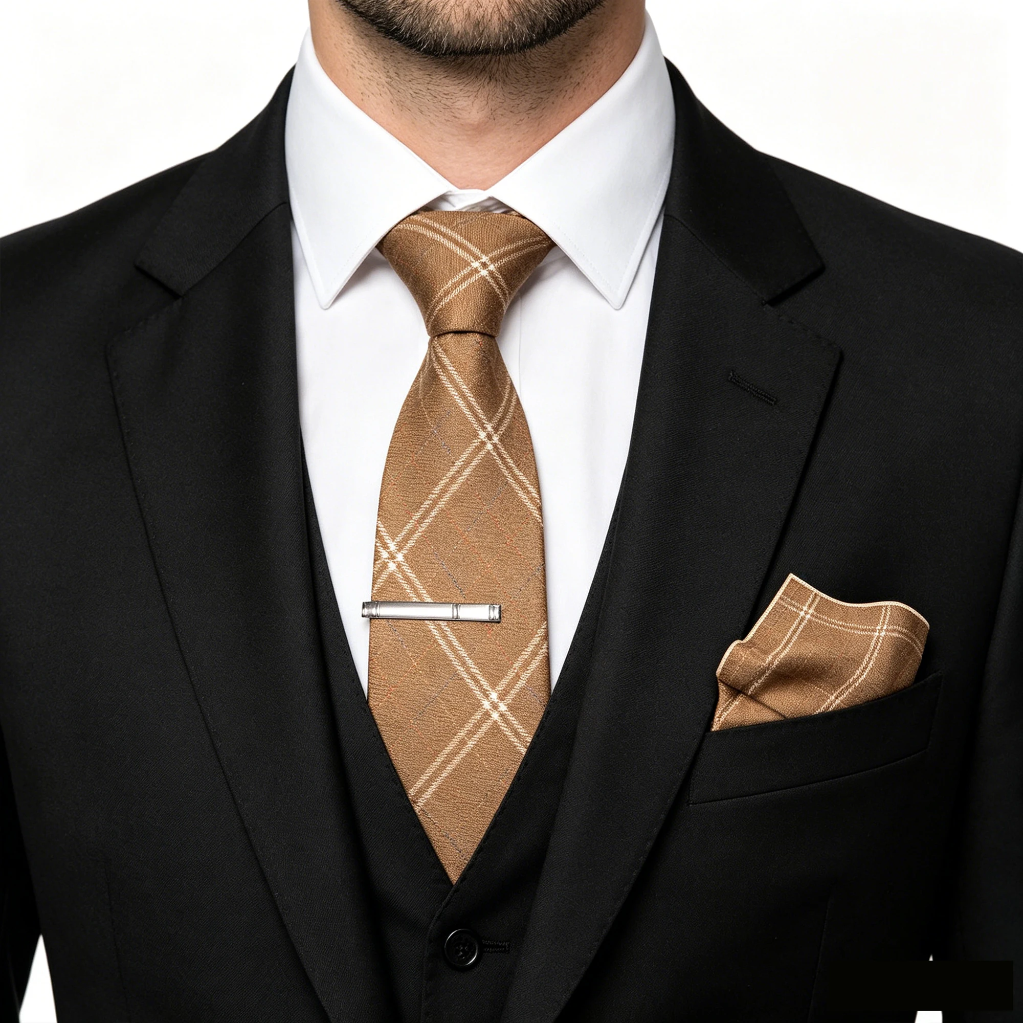Klassische Wollkrawatte für Herren, braun-grau, gestreift, kariert, einfarbig, Kaschmir-Krawatte, Einstecktuch-Set, Hochzeitsaccessoire, Geschenk – Detail 10