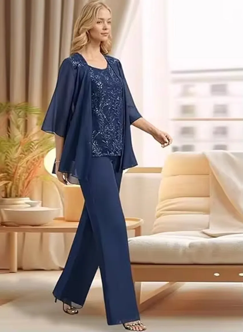 

Mother of The Bride Dresses Customized Plus Size 3 Three Pieces Suits Pants Long Sleeve Embroidery Lace Jacket Evening Dresses