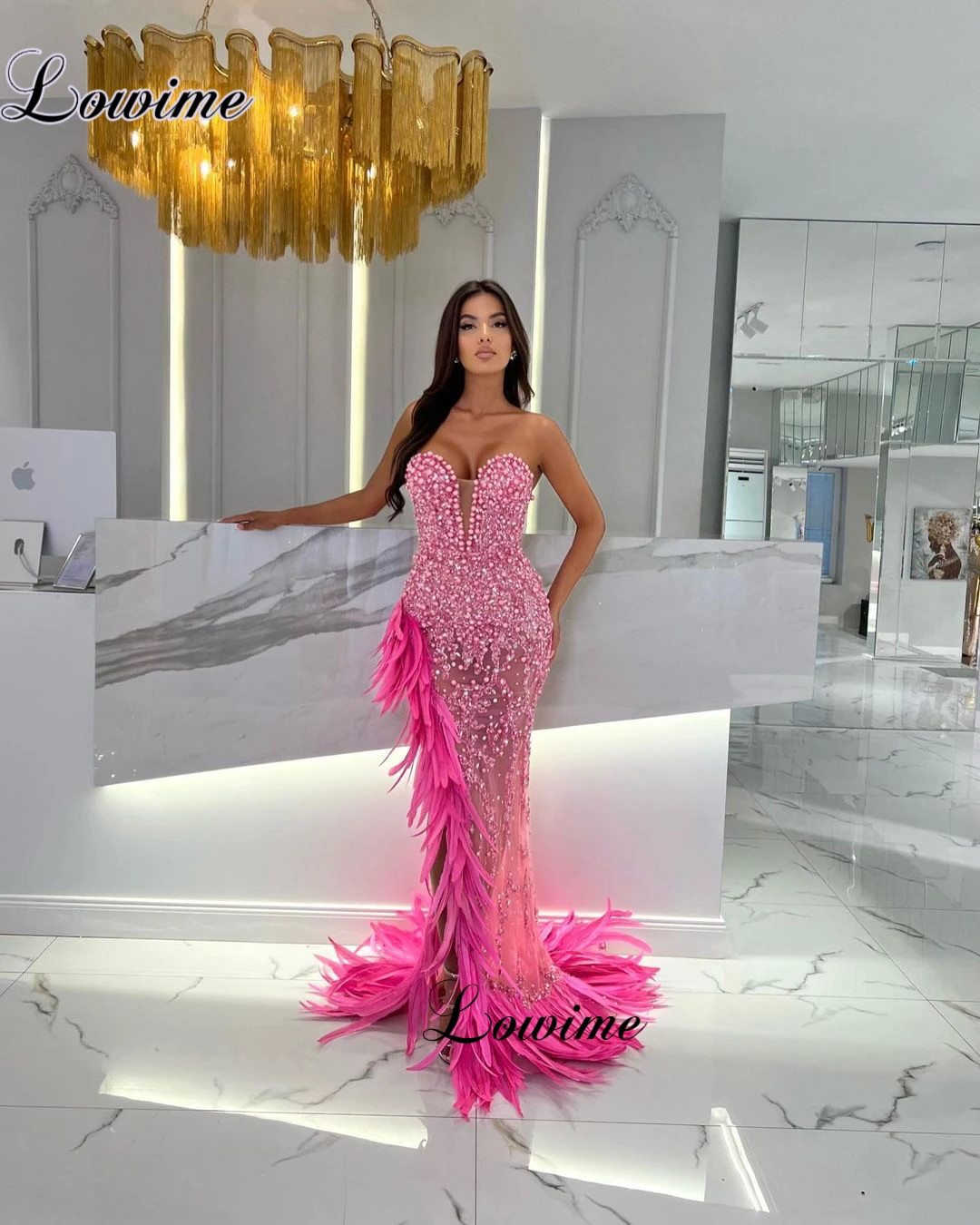 Hot Pink Mermaid Sequined Prom Dresses With Pearls Crystals Feathers Evening Party Dresses Vestidos De Cóctel Celebrity Dresses