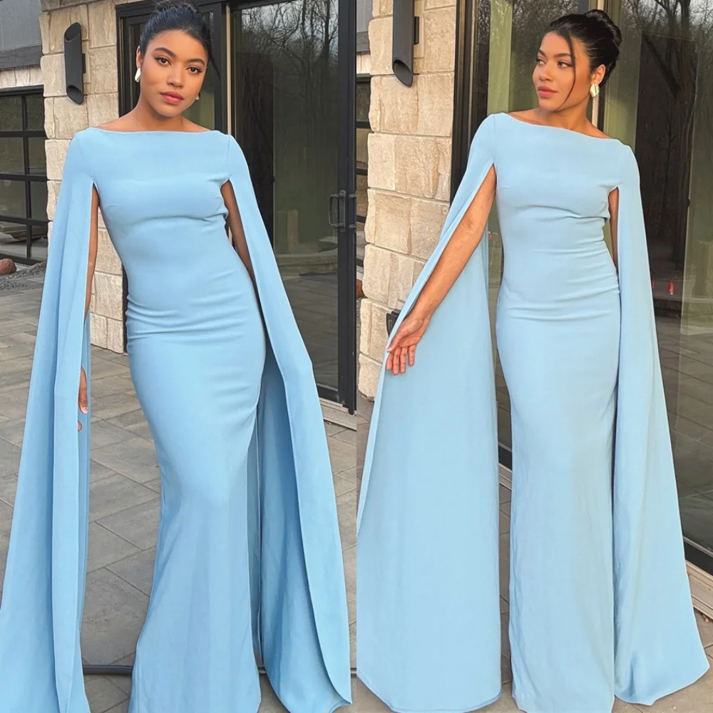

Customized Simple Blue Jersey Evening Dresses Exquisite Mermaid Sleeveless Homecoming Dresses Fashion Sweep Train Prom Dress