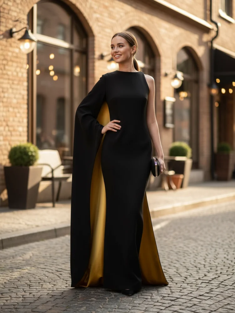 Freeacy Women\'s Asymmetric Cape Dress Ruffled One-sleeve Floor Length Evening Gowns 2026 Stylish Contrast Color Party Dresses