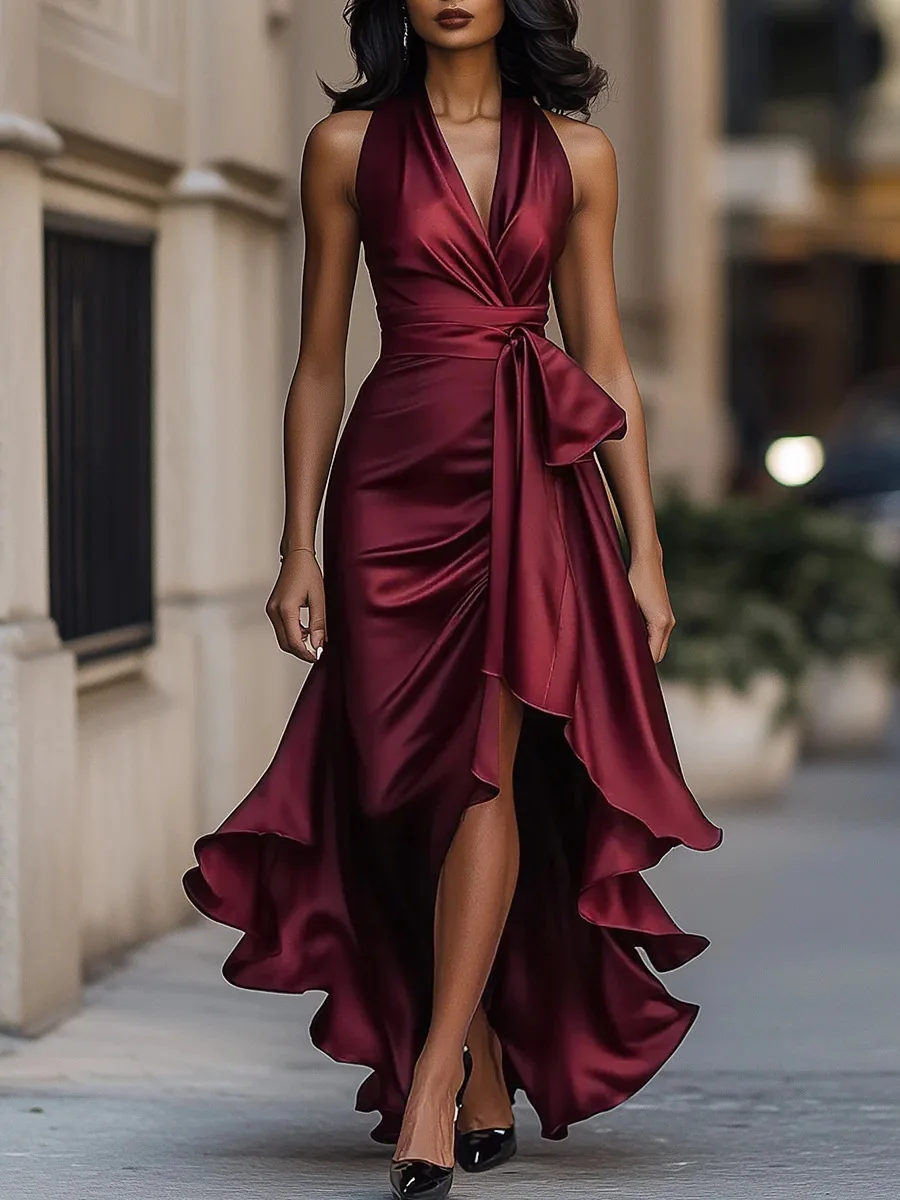 

Summer New Solid Color V-Neck High-End Texture Satin Sleeveless Dress for Women, Elegant Ruffle Edge Hanging Neck Dress