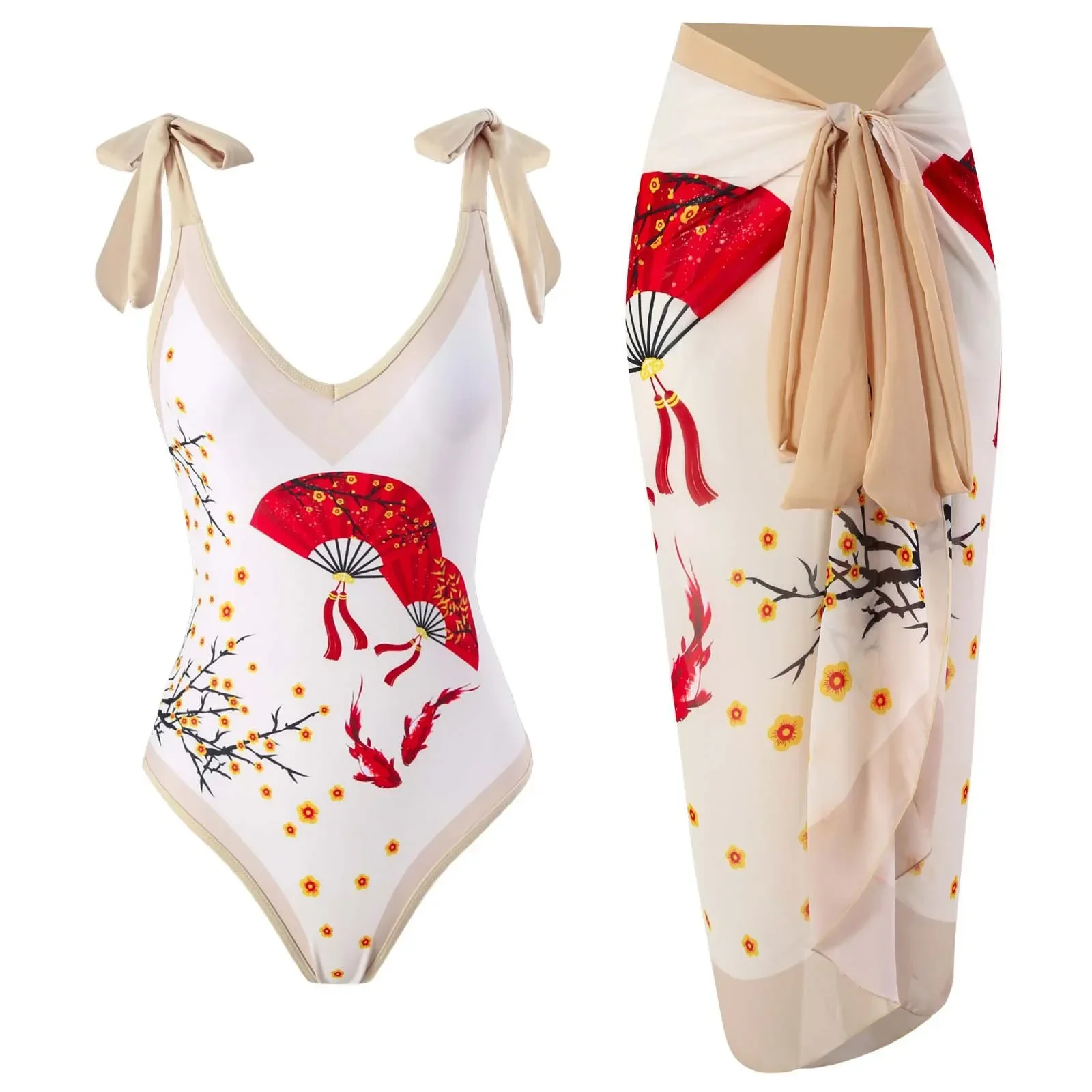 Chinese Style Swimsuit Women 2024 High Waist Skirt Bikini Two Piece V-Neck Monokini Bathing Suit Red Carp Red Fan Print Swimwear