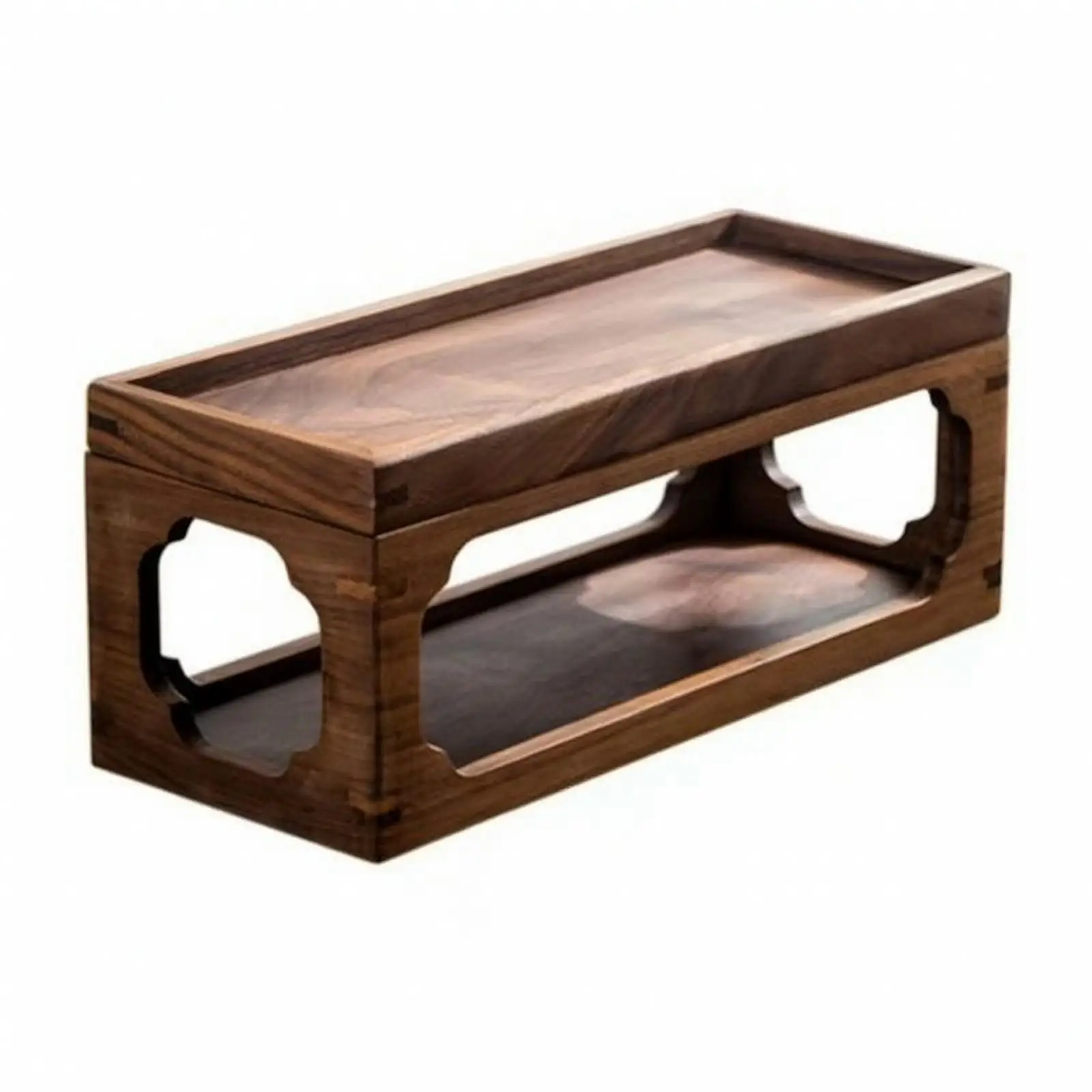 Solid Wood Wooden Desktop Storage Rack | Decorative Cutout Side Panels, Tabletop Organizer with Raised Tray