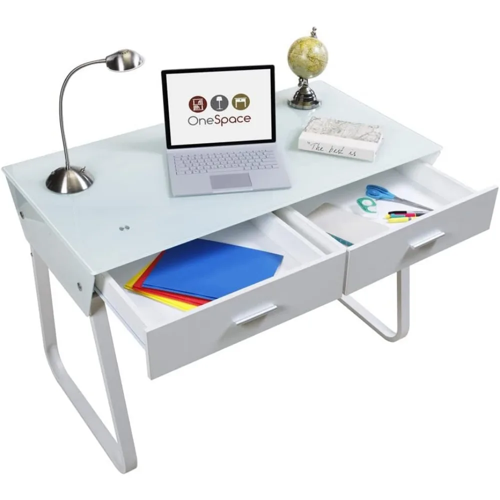 Bureau d'ordinateur ultramoderne en verre, blanc moyen, avec égouts de proximité