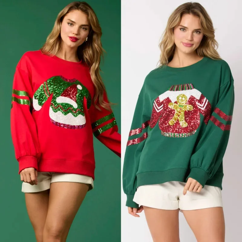 Christmas Sequin Embroidery Top Women Autumn Winter European America Sequin Red Green Top Casual Loose Hoodie O-Neck Top New