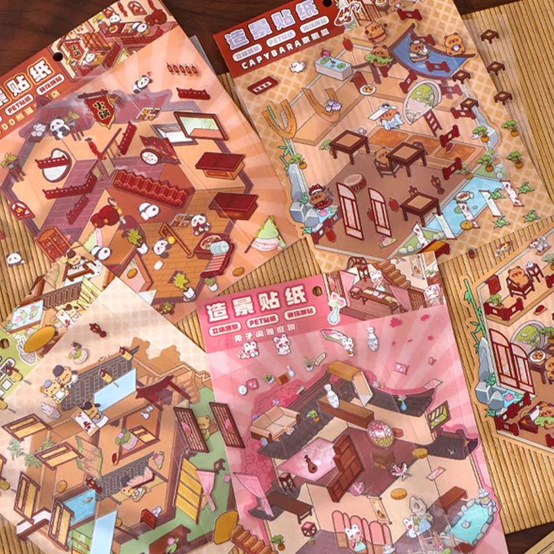 2 Sets Cartoon 3D Landscaping Stickers Cabin Scene Stacking Pasting Sticker Cute Miniature Life Scene Stickers Festival Gifts