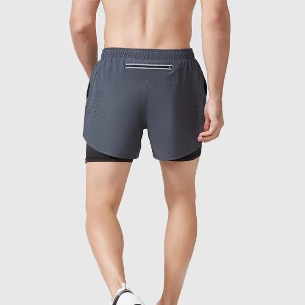 شورت رياضي مريح 2 في 1، سريع الجفاف، شريط عاكس للرجال، ملابس رياضية قابلة للتنفس مع جيب لركوب الدراجات في صالة الألعاب الرياضية