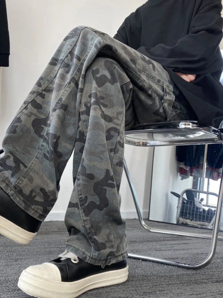 

Men's Straight Leg Camouflage Workwear Jeans High Street Faion Loose Wide Leg Long Trousers Spring Autumn Sle Durable