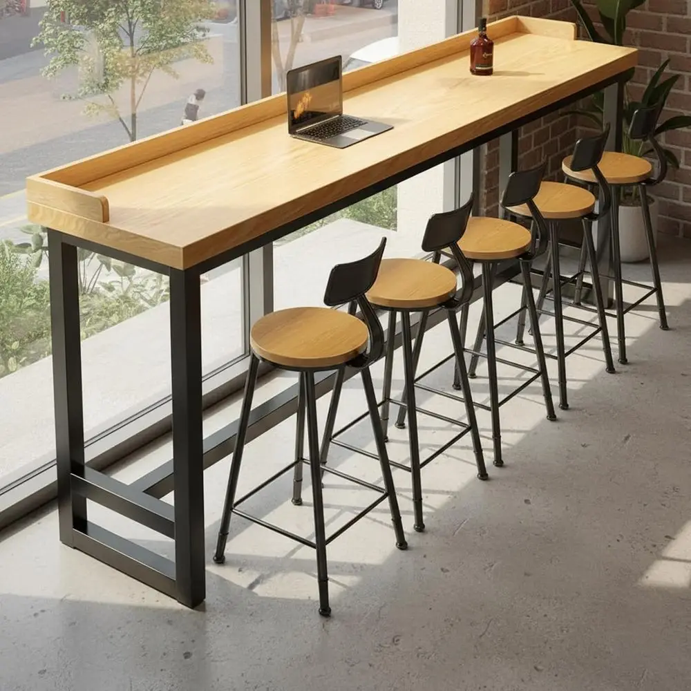 

Industrial-Style Wooden Bar Table with Lip for Home, Coffee Shops, and Pubs